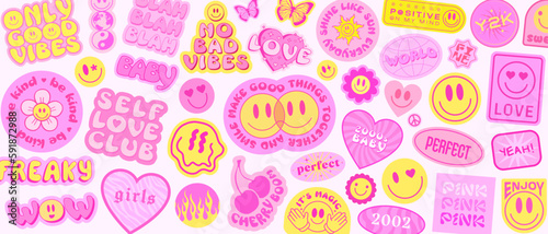 Cool Groovy Stickers Background. Y2k Patches Collage. Pop Art Girly Pink Illustration Vector Design. Funky Pattern.
