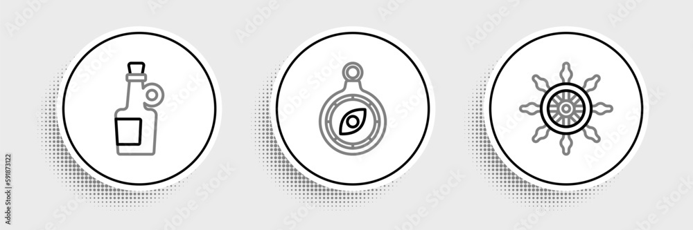 Set line Ship steering wheel, Alcohol drink Rum and Compass icon. Vector Set line Ship steering wheel, Alcohol drink Rum and Compass icon. Vector