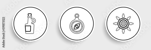 Set line Ship steering wheel, Alcohol drink Rum and Compass icon. Vector