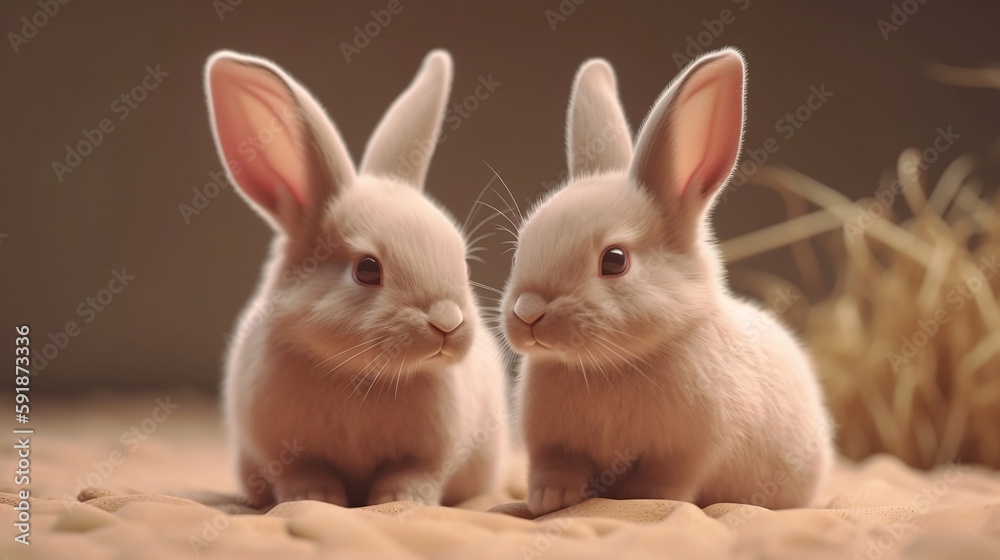 Fototapeta premium Cute pastel bunnies on a beige background. Easter Bunnies. Generative AI. 