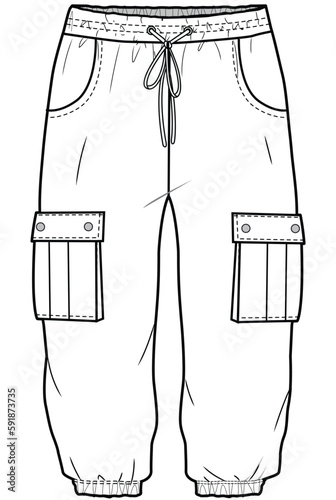 boys drawstring waist cargo pant flat sketch vector illustration technical cad drawing template