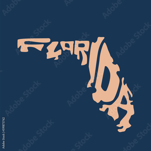 Vector illustration of the word in Florida in the shape of the state on a blue background