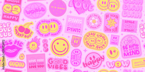 Cool Y2k Seamless Pattern. Stickers Collage Textute. Trendy Groovy Background. Pop Art Patches. Comic Funny Smile Badges.