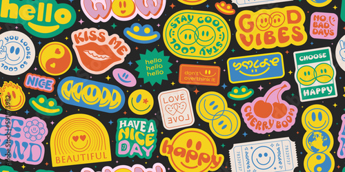 Cool Groovy Seamless Pattern Stickers Collage. Trendy Retro 90s Style Patches Funny Cartoon Smile Faces. Y2k background Vector Design.