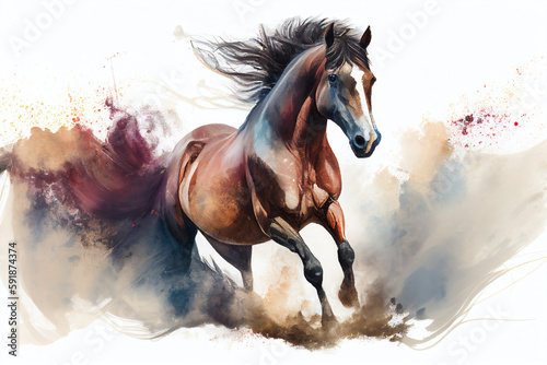 Watercolour abstract animal painting of an isolated brown horse running through dust and sand which could be used as a poster or flyer, computer Generative AI stock illustration image