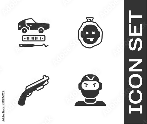 Set Thief mask, Car theft, Police shotgun and Murder icon. Vector