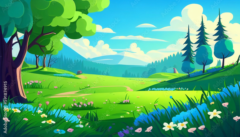 Cartoon meadow spring country meadow landscape of a springtime green pasture field with a blue summer sky, fluffy summertime clouds and flowers, computer Generative AI stock illustration image