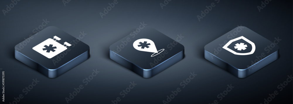 Set Isometric Emergency - Star of Life, insurance and Location hospital icon. Vector Set Isometric Emergency - Star of Life, insurance and Location hospital icon. Vector