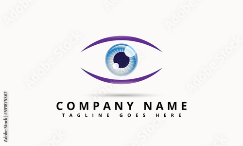 Abstract Eye Logo. Blue Eye In Arrow Style Included Eyeball With Star Sparkle Inside Isolated On White Background. Usable For Business And Technology Logos. Flat Vector Logo Design Template Element