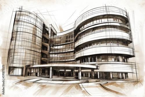 Architectural ink drawing design which is a blue print design by an architect for the construction plan of business complex for the construction industry, computer Generative AI stock illustration