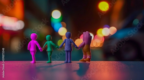 Urban Family Love: A Nighttime Neon Adventure with Toy Figures in the City