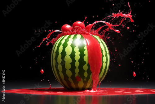 Watermelon with red juice splash on black background. Generated/AI Generative