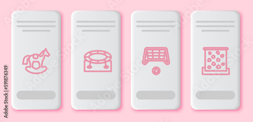 Set line Horse in saddle swing, Jumping trampoline, Soccer goal with ball and Climbing wall. White rectangle button. Vector
