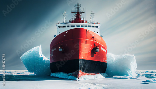 Red icebreaker in the middle of Arctic ocean photo