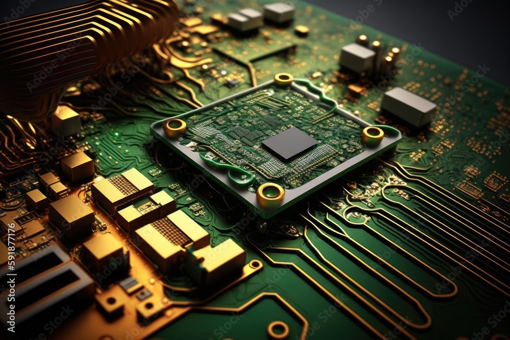 Ilustrace „detailed view of a computer motherboard and its components. Generative AI“ ze služby