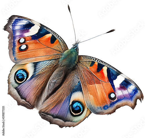 European peacock  buterfly. Watercolor with transparent background. Generative AI