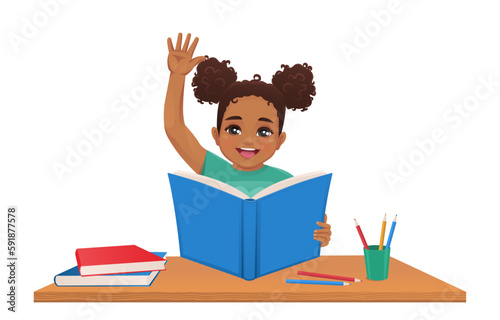 Happy African school girl reading holding open book at the desk raising hand isolated vector illustration