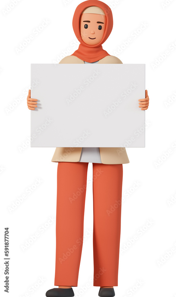 3d muslim woman character in hijab holding big white board with space for text. Adult muslim girl hold big white board with copy space 3d illustration 3d muslim woman character in hijab holding big white board with space for text. Adult muslim girl hold big white board with copy space 3d illustration