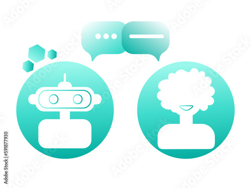 Chatbot character. Online helper chatting with woman, virtual robot answers questions by customer, dialog help service 