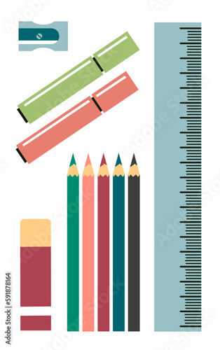 Stationery set. School tools. Ruler, color pencils, markers, eraser and pencil sharpener. Education, business and office work. Flat vector illustration isolated on white background