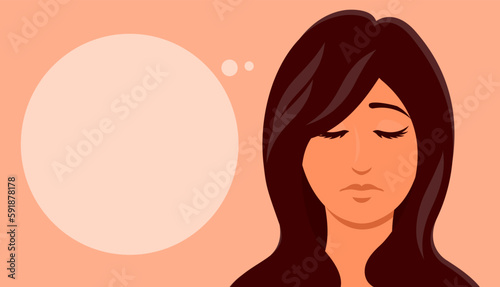 Sad face of a young woman. Unhappy girl. Head portrait. Bubble for text. Female emotion, mood and frustration. Cartoon vector illustration