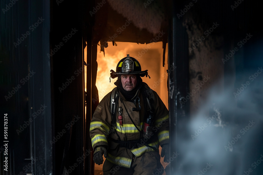 Fototapeta premium firefighter enters burning house