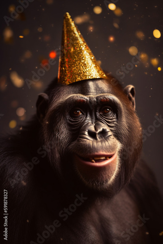 fröhlicher Affe mit Partyhut und Konfetti in Partystimmung. Generative Ai.
