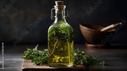 A Bottle Of Olive Oil With Fresh Herbs. Generative AI
