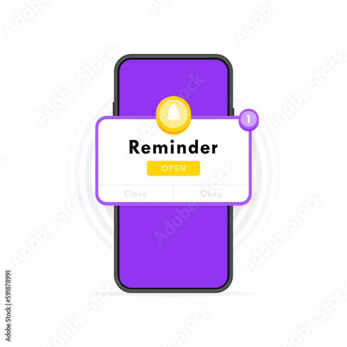 Reminder notification about events, business planning, timetable or date reminder. Reminder pop up box with a bell on phone screen. Modern flat style vector illustration