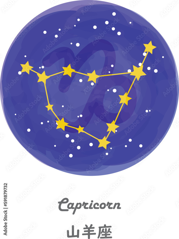 Fototapeta premium 星空を背景に描かれたやぎ座の星座線と、星座の名前が英語と日本語で描かれたイラスト