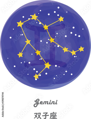 星空を背景に描かれたふたご座の星座線と、星座の名前が英語と日本語で描かれたイラスト