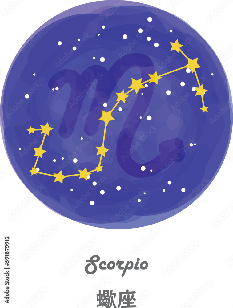 Fototapeta premium 星空を背景に描かれたさそり座の星座線と、星座の名前が英語と日本語で描かれたイラスト