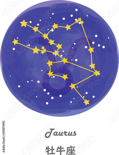 星空を背景に描かれたおうし座の星座線と、星座の名前が英語と日本語で描かれたイラスト