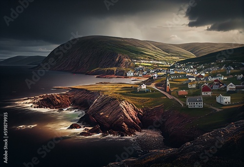 Cape Breton: Der Name der kanadischen Stadt Cape Breton in der Provinz Nova Scotia vor einem Foto mit dem kanadischen Ahornblatt. Generative AI photo