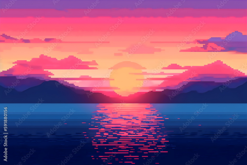 pixel art sunset over the ocean with mountains, made with generative ai