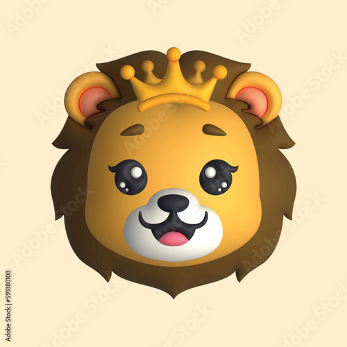 3D Render Happy Cute Lion Head with Crown (Vector)