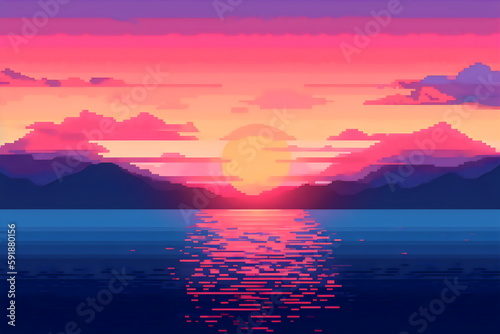 pixel art sunset over the ocean with mountains  made with generative ai