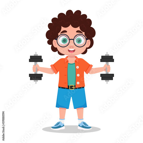 Cute boy goes in for sports, exercises with dumbbells
