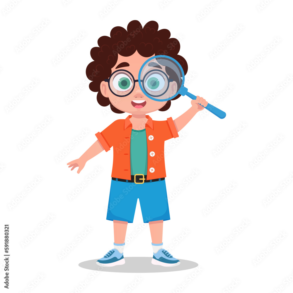 Cute boy looks through a magnifying glass, the child explores the world Cute boy looks through a magnifying glass, the child explores the world
