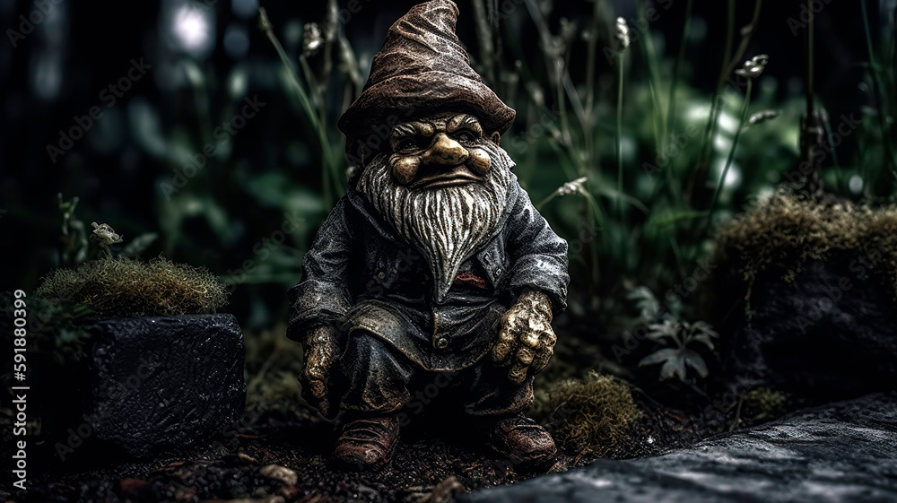 Old country gritty dark haunting garden gnome in an abandoned garden. Old country gritty dark haunting garden gnome in an abandoned garden.