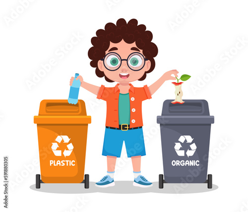 The boy sorts garbage, plastic and organic