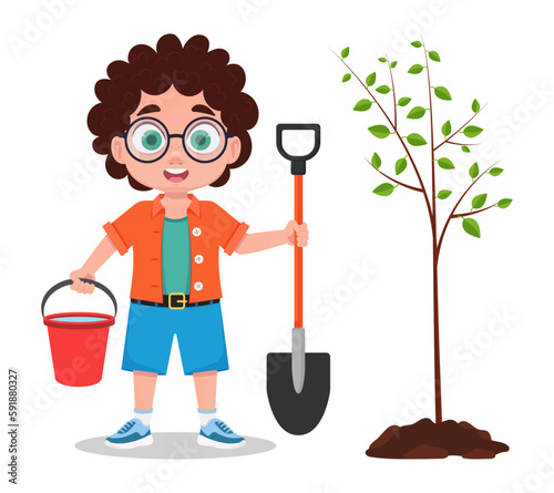 Cute boy planting a tree. Vector illustration