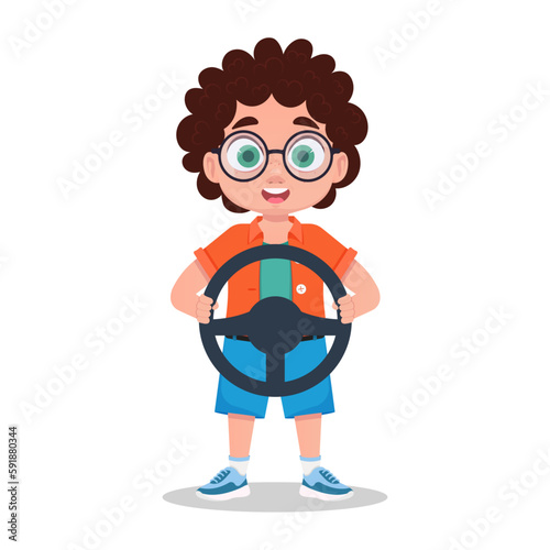 Cute boy playing with a steering wheel in his hands