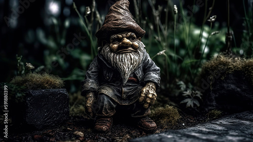 Old country gritty dark haunting garden gnome in an abandoned garden.