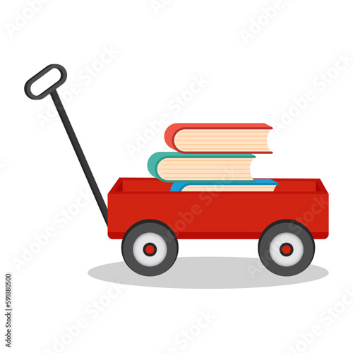 Red cart full of books, vector illustration