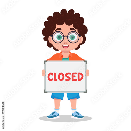 Boy holding a sign, closed