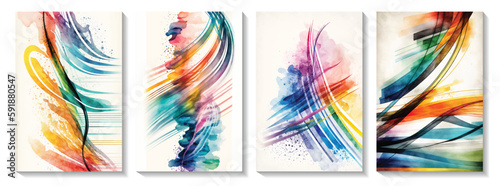 Abstract watercolor textured background with colorful lines. Background set. 