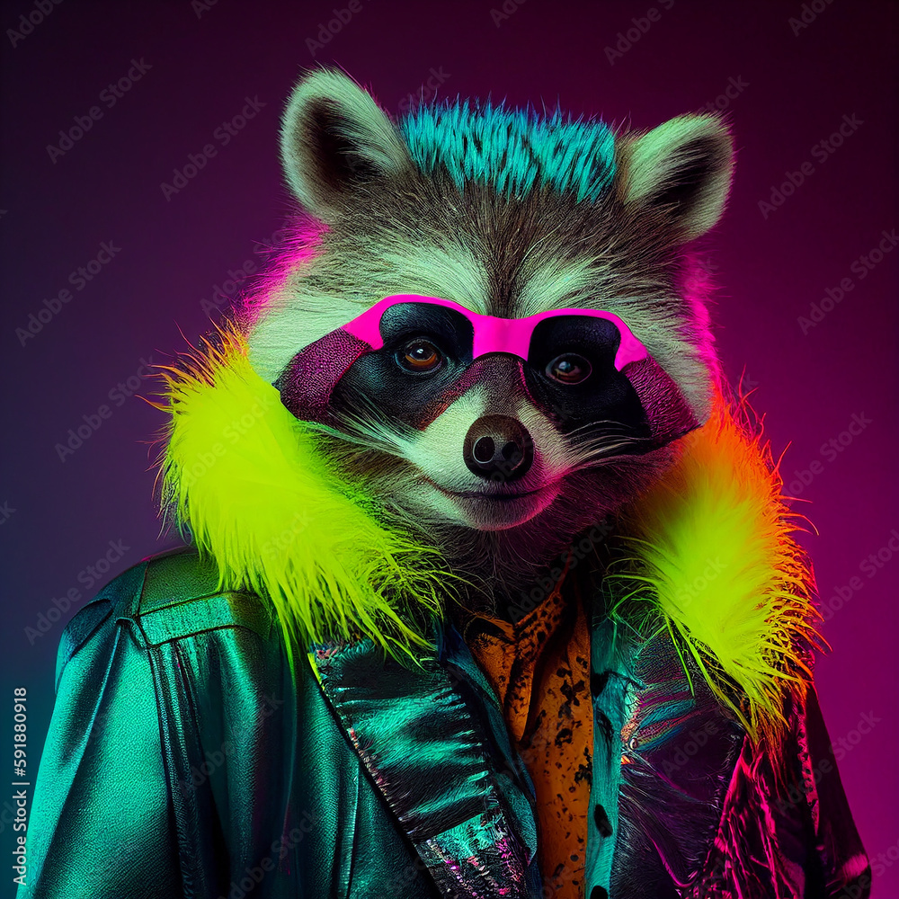 Realistic lifelike racoon raccoon in fluorescent electric highlighters ...