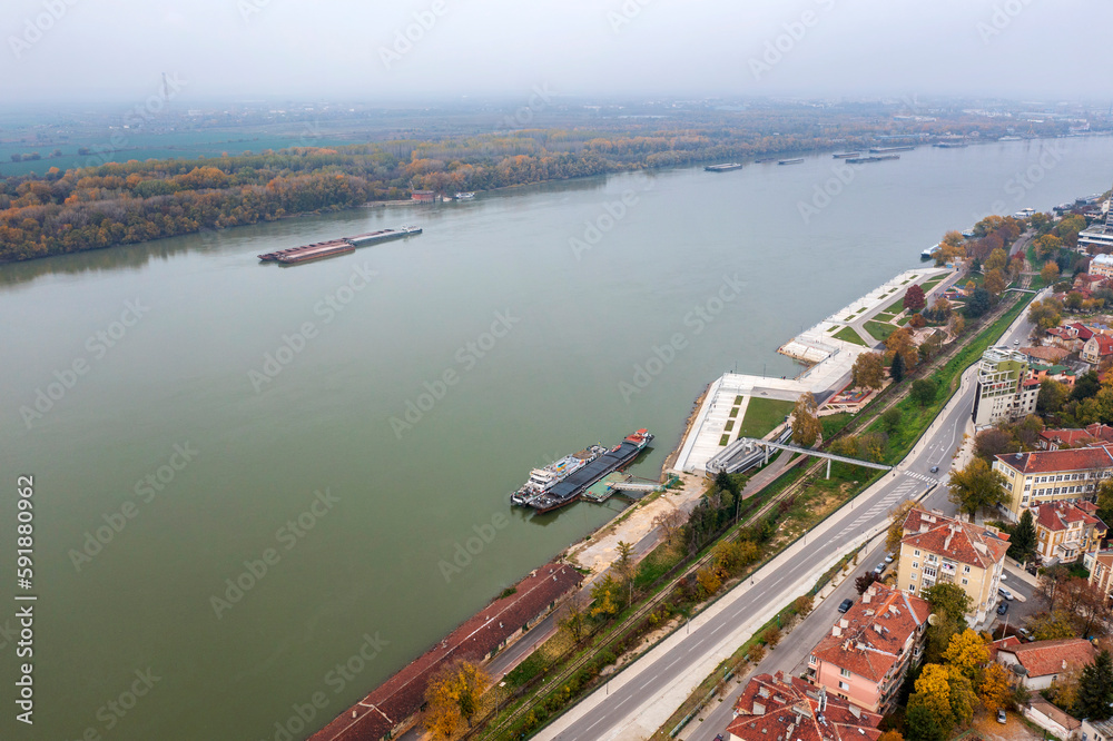 Aerial view of the Danube River and the pier of the City of Ruse, Bulgaria