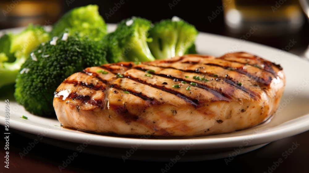 A Plate With A Piece Of Grilled Chicken And Steamed Broccoli. Generative AI